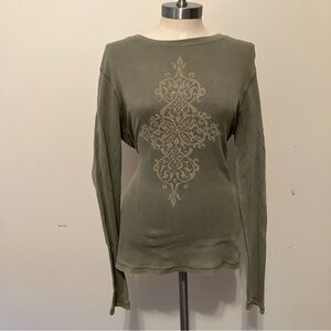 Xcit USA Waffle Knit Green Tattoo Longsleeve Top Women’s XL 90s Y2K Grunge Studs
